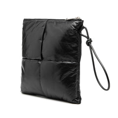 Black Bottega Veneta Leather Intrecciato Padded Square Pouch with woven design, soft padded texture, and sleek rectangular shape.