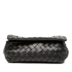 Black Bottega Veneta Intrecciato flap pouch bag with woven leather detail, stylish and compact for everyday use.