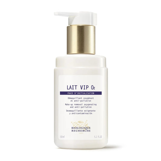 Biologique Recherche Lait VIP O2 150ml beauty product, creamy facial cleanser in a sleek white bottle with blue accents.