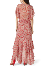 Misa Los Angeles Katarina red print silk dress in size M, featuring elegant flowing fabric and vibrant floral pattern.