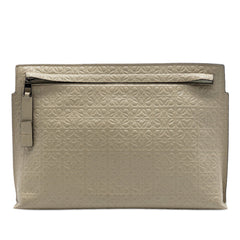 LOEWE Embossed Anagram leather repeat T clutch bag with sleek design and textured surface, ideal for stylish accessories.