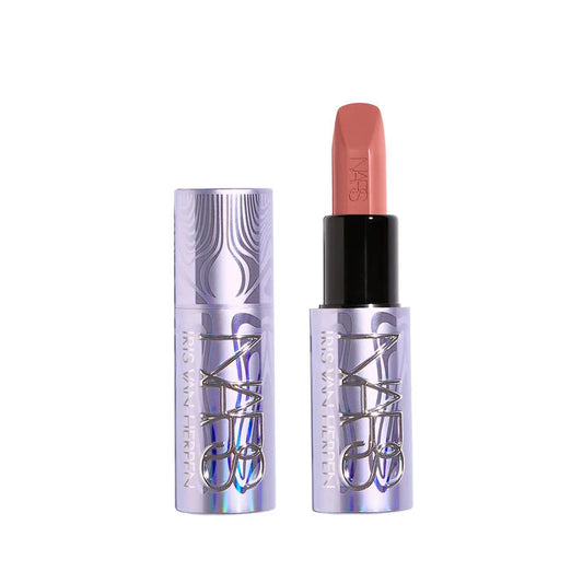 NARS Iris Van Herpen x NARS Explicit Lipstick in Blame, closed and open, showcasing sleek packaging on white background.
