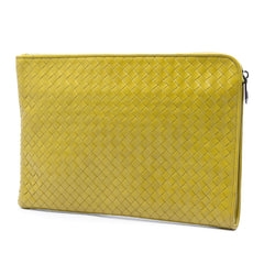 Bottega Veneta large Nappa Intrecciato zip pouch with woven leather design and gold zipper closure.