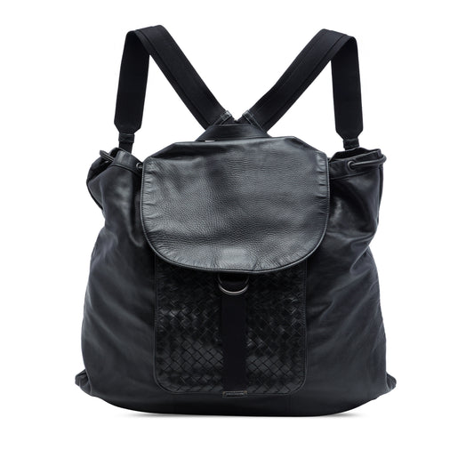 Intrecciato Trimmed Leather Drawstring Backpack Black - Lab Luxury Resale
