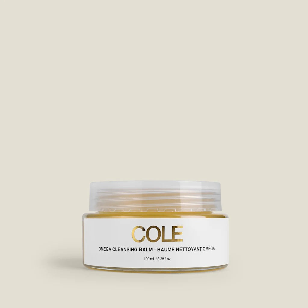 Cole Omega Cleansing Balm 100ml in a jar, showcasing its smooth, white balm texture for gentle facial cleansing.
