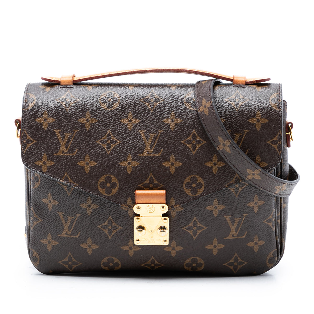 Louis Vuitton Monogram Pochette Metis brown bag with leather trim and gold hardware, featuring signature monogram pattern.