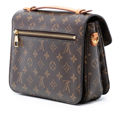 Louis Vuitton Monogram Pochette Metis brown bag with structured shape, gold hardware, and signature monogram canvas.
