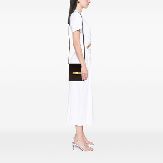 Bottega Veneta brown calfskin Daisy crossbody bag with sleek design and adjustable strap.