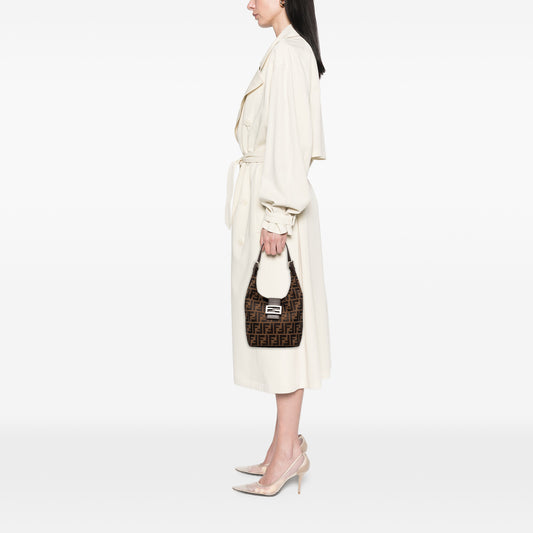 Fendi Zucca canvas shoulder bag with brown and beige geometric pattern, leather strap, and gold-tone hardware.