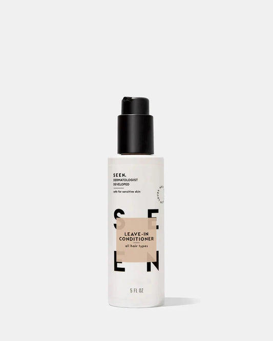 SEEN Leave-In Conditioner in 5oz bottle, scented beauty hair treatment with creamy texture and sleek packaging.