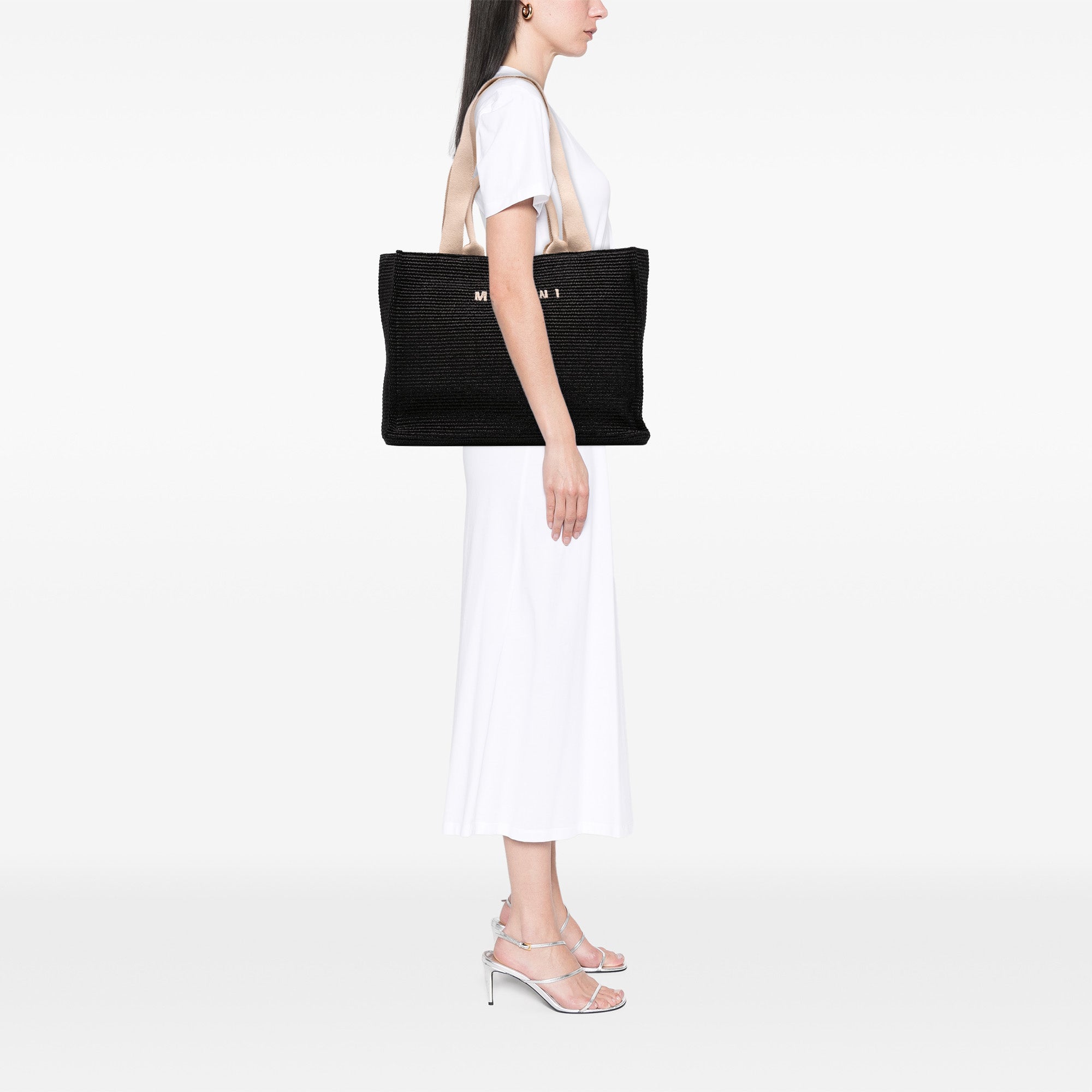 Raffia Effect Nylon Embroidered Logo North West Shopping Tote Black - Lab Luxury Resale