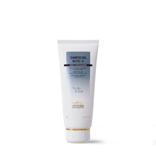 Biologique Recherche Nutri-K shampoo for dry, damaged hair in 75ml travel size, nourishing and restoring hair health.