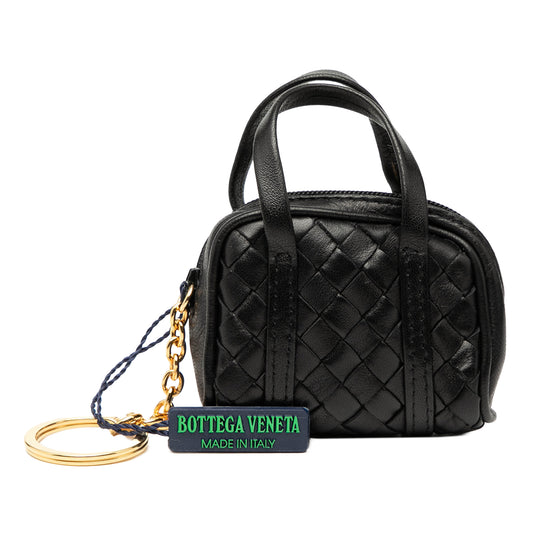Bottega Veneta black Nappa Intrecciato pouch key holder and bag charm with woven leather design and silver hardware