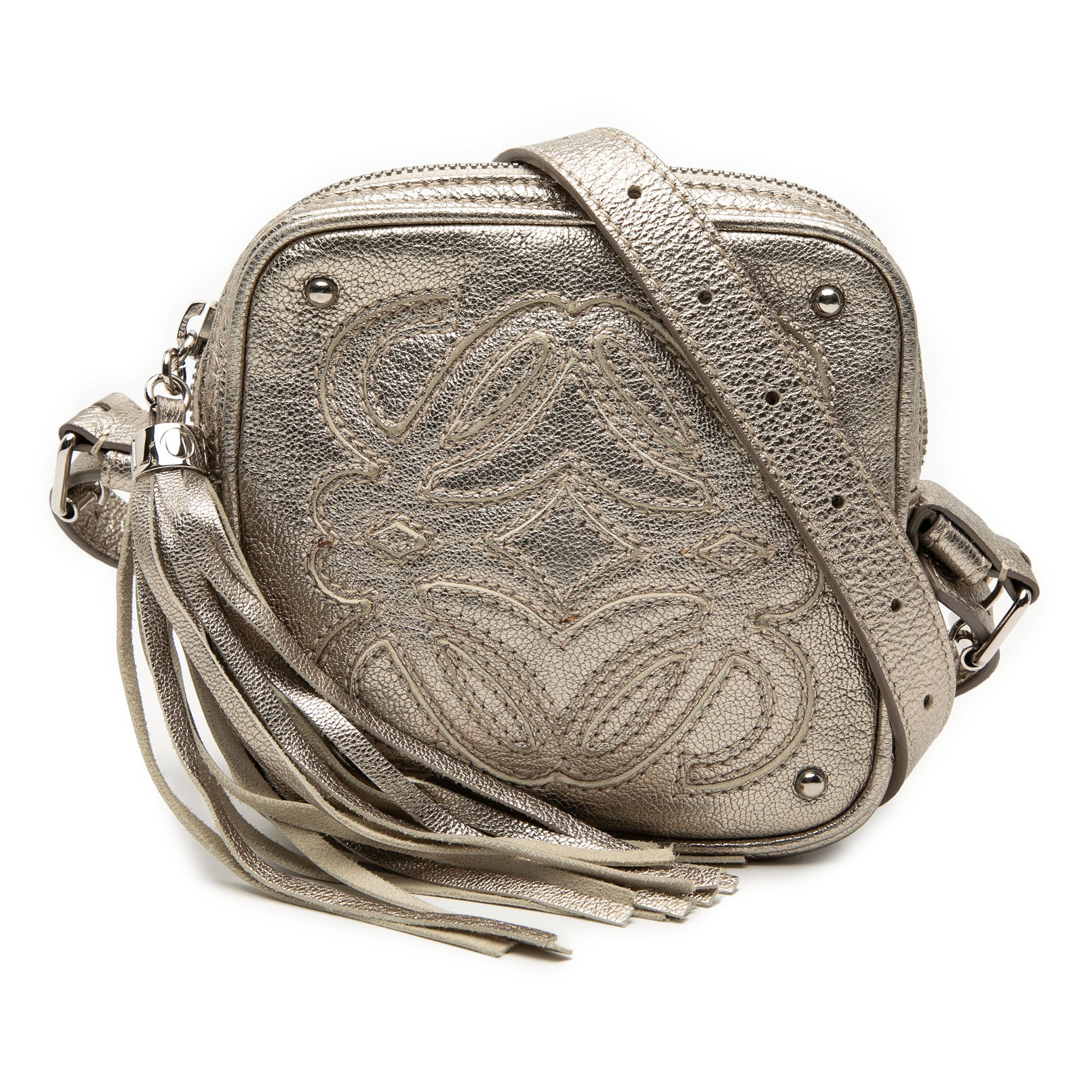 Mini Metallic Goatskin Anagram Tassel Crossbody Silver - Lab Luxury Resale