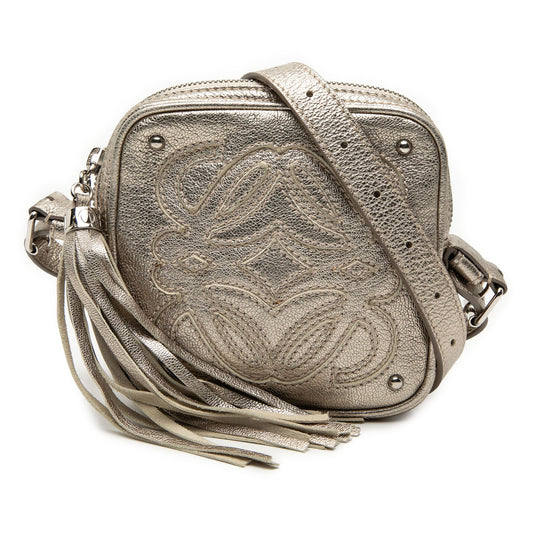 Mini Metallic Goatskin Anagram Tassel Crossbody Silver - Lab Luxury Resale