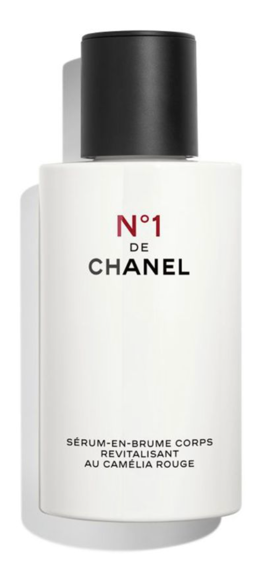 Chanel N°1 de Chanel revitalizing body serum-in-mist 140ml, clear spray bottle with elegant branding and transparent cap.