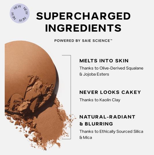 Saie SuperSuede™ Radiant Baked Bronzer in Amalfi, showcasing the smooth, shimmery baked powder in a natural makeup look.
