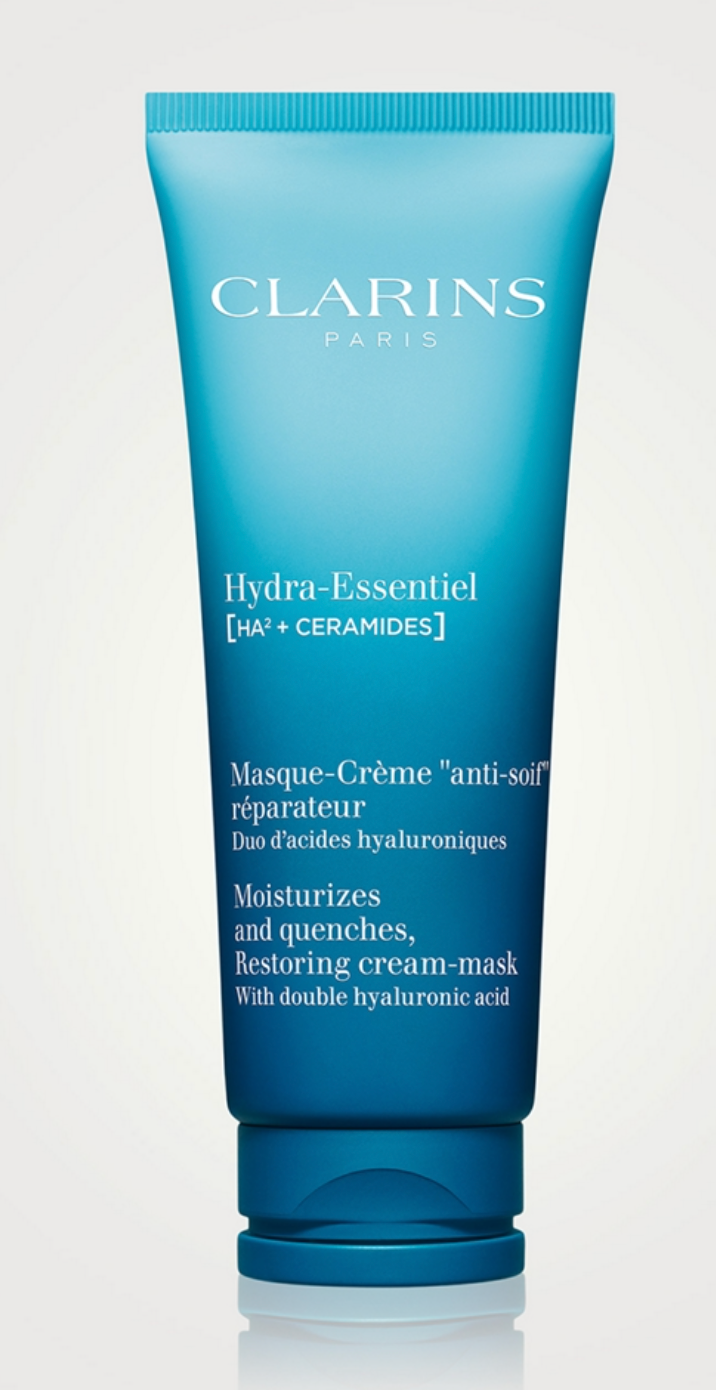 Clarins Hydra-Essentiel Moisturizing Cream Mask in 75ml jar, shown with product packaging and applicator for deep skin hydration.