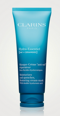 Clarins Hydra-Essentiel Moisturizing Cream Mask in 75ml jar, shown with product packaging and applicator for deep skin hydration.