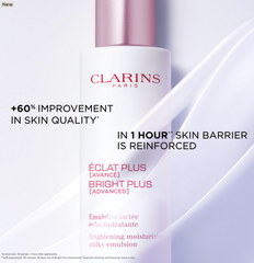 Clarins Bright Plus Advanced Milky Emulsion 100ml unopened, hydrating and brightening skincare product in a clear bottle.