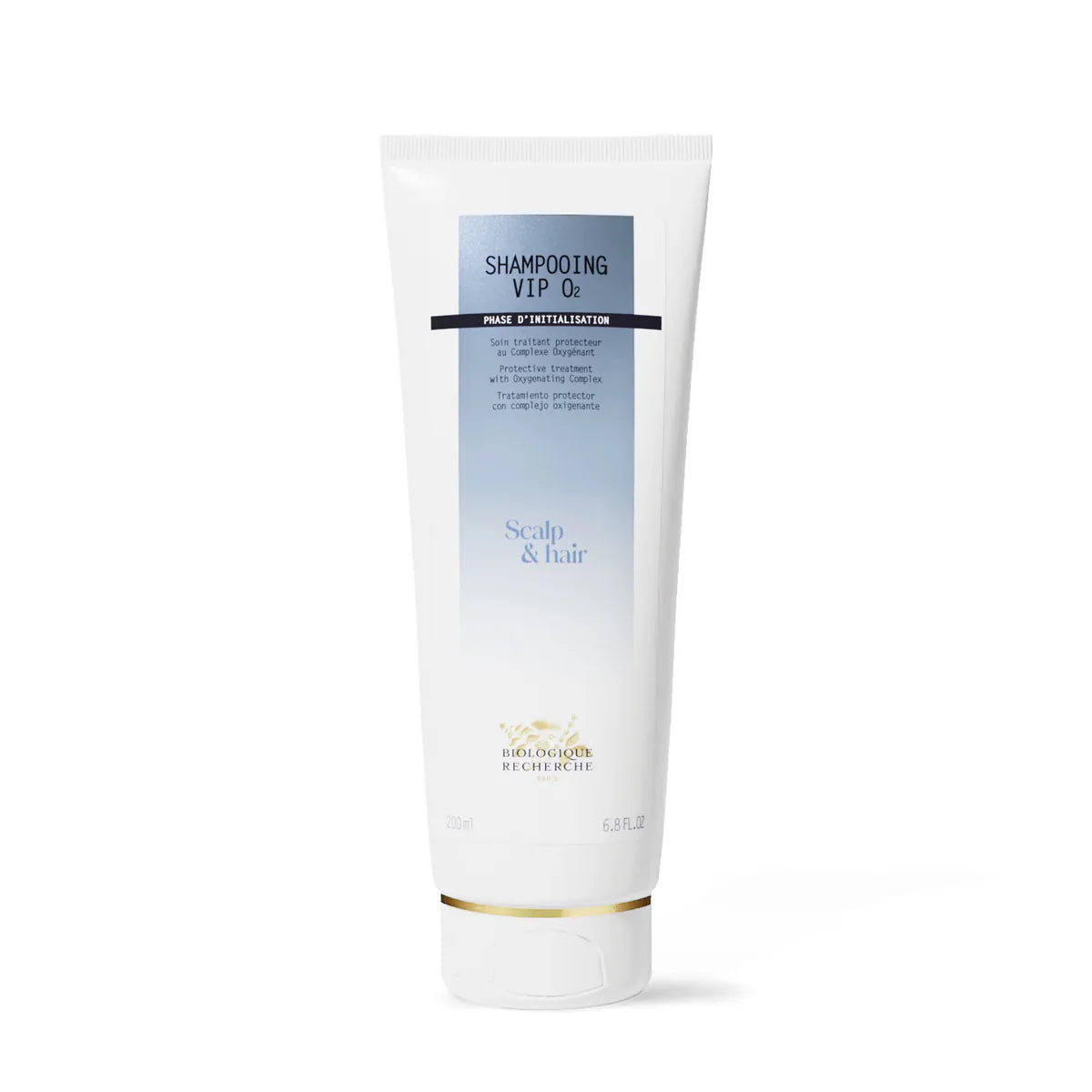 Biologique Recherche Shampooing Traitant VIP O₂ 200ml bottle, nourishing beauty shampoo with a sleek design and pump dispenser.