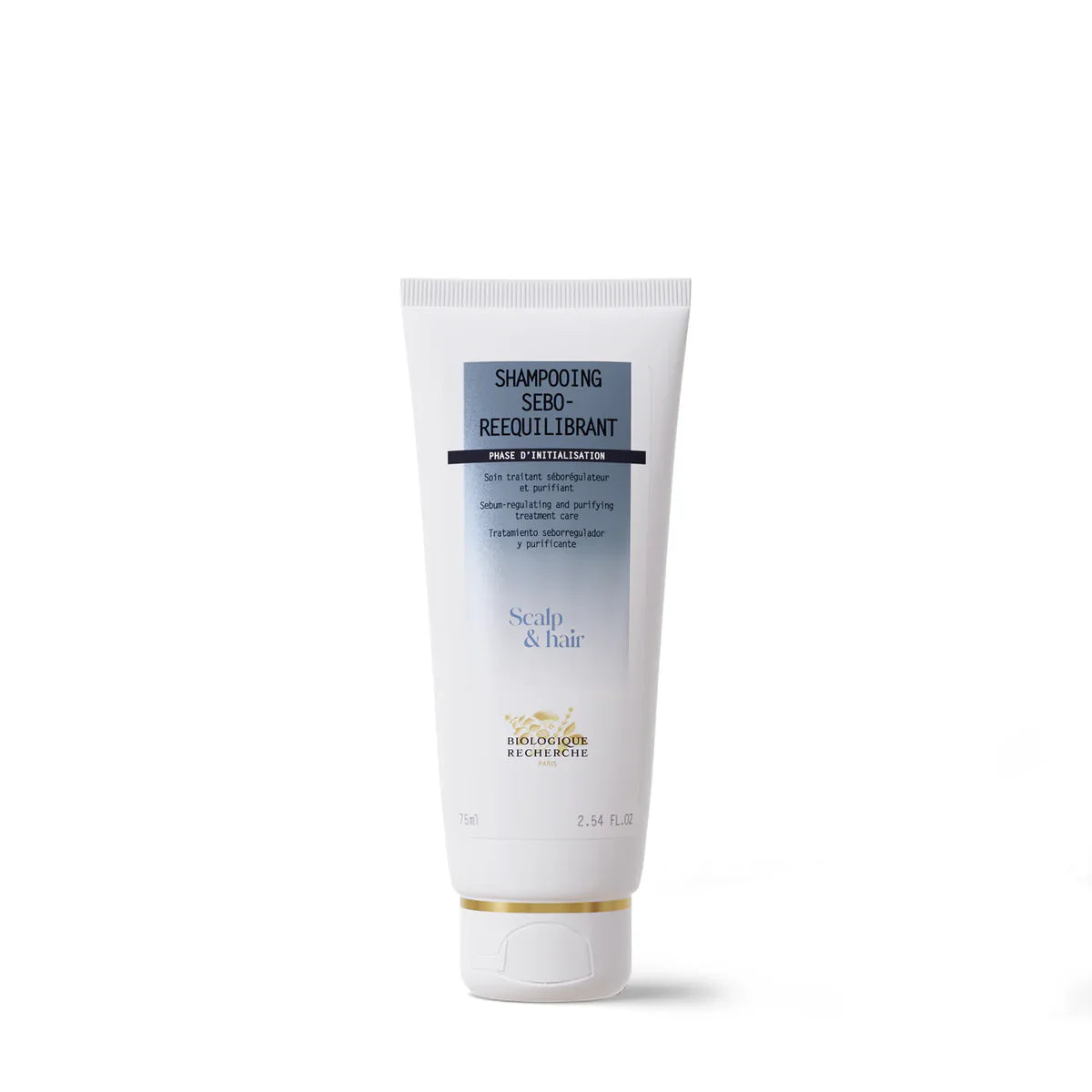 Biologique Recherche Sebo-Reequilibrant shampoo for oily hair in 75ml bottle, natural hair care product for scalp balance.