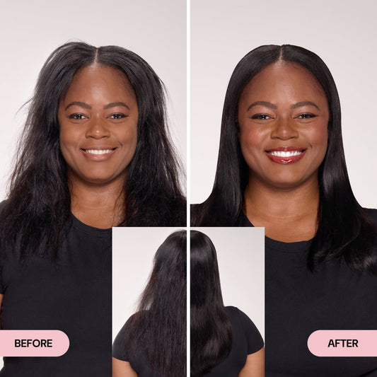 L'ange Stardust dry shampoo powder in a 10g container, shown with before and after images highlighting fresh, matte hair.