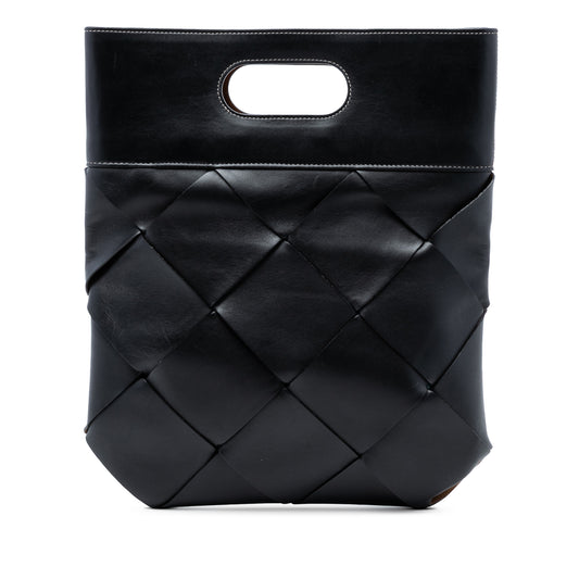 Black Bottega Veneta Small Leather Maxi Intrecciato Slip Tote bag with woven leather design, stylish and luxurious for everyday use