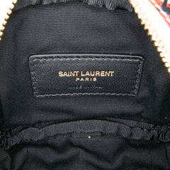Yves Saint Laurent Lou camera bag in cherry print baby calfskin with monogram design, featuring gold-tone hardware and adjustable strap.