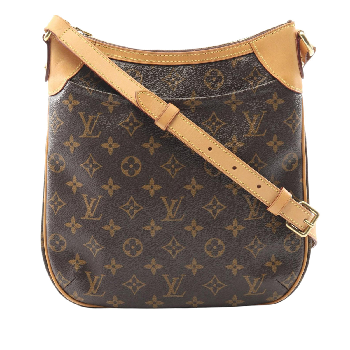 Louis Vuitton Monogram Odeon PM brown bag with leather handles and gold hardware, stylish and compact for everyday use.