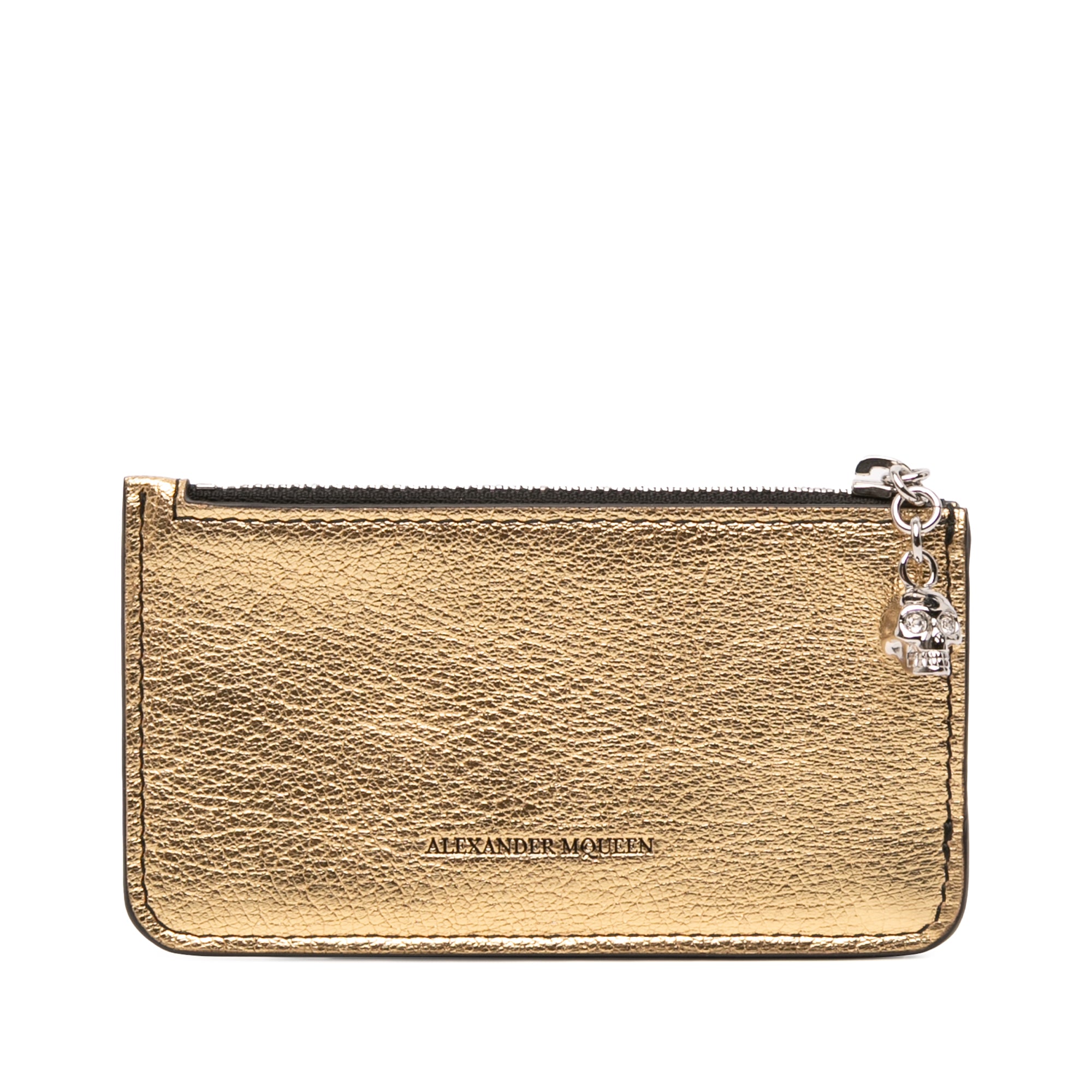 Metallic Leather Skull Charm Zip Card Holder Gold - Lab Luxury Resale