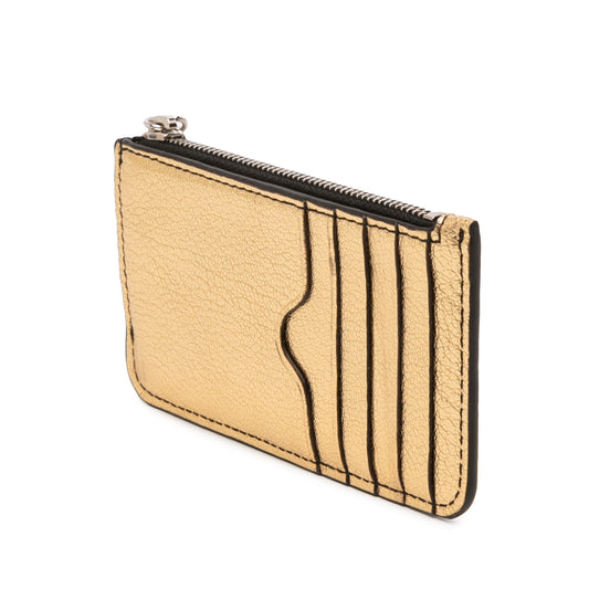Metallic Leather Skull Charm Zip Card Holder Gold - Lab Luxury Resale