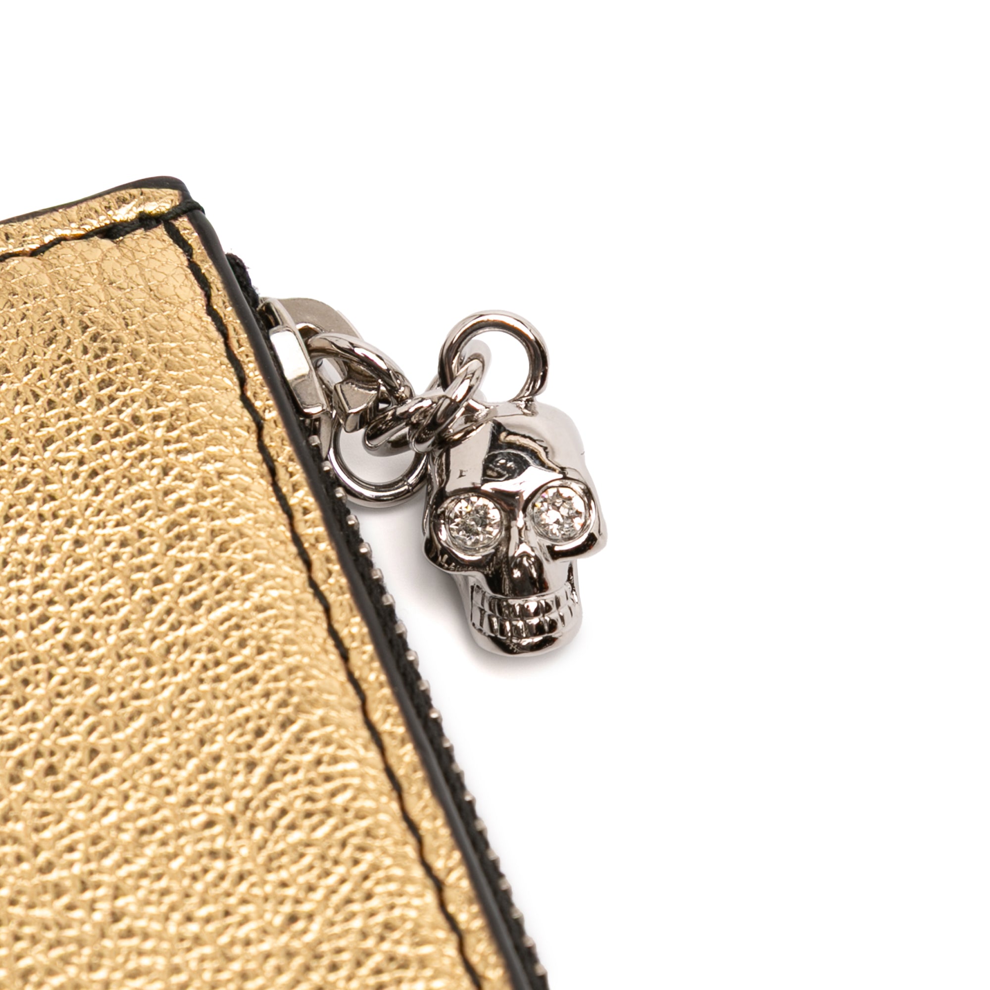 Metallic Leather Skull Charm Zip Card Holder Gold - Lab Luxury Resale