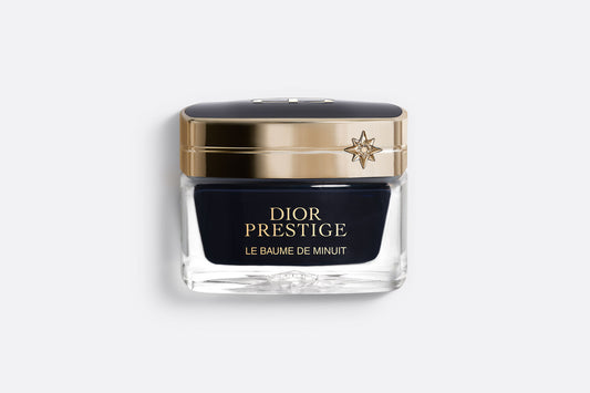 Dior Prestige Le Baume de Minuit beauty balm jar, 50g, new in box, elegant packaging with gold accents, ideal for nighttime skincare.