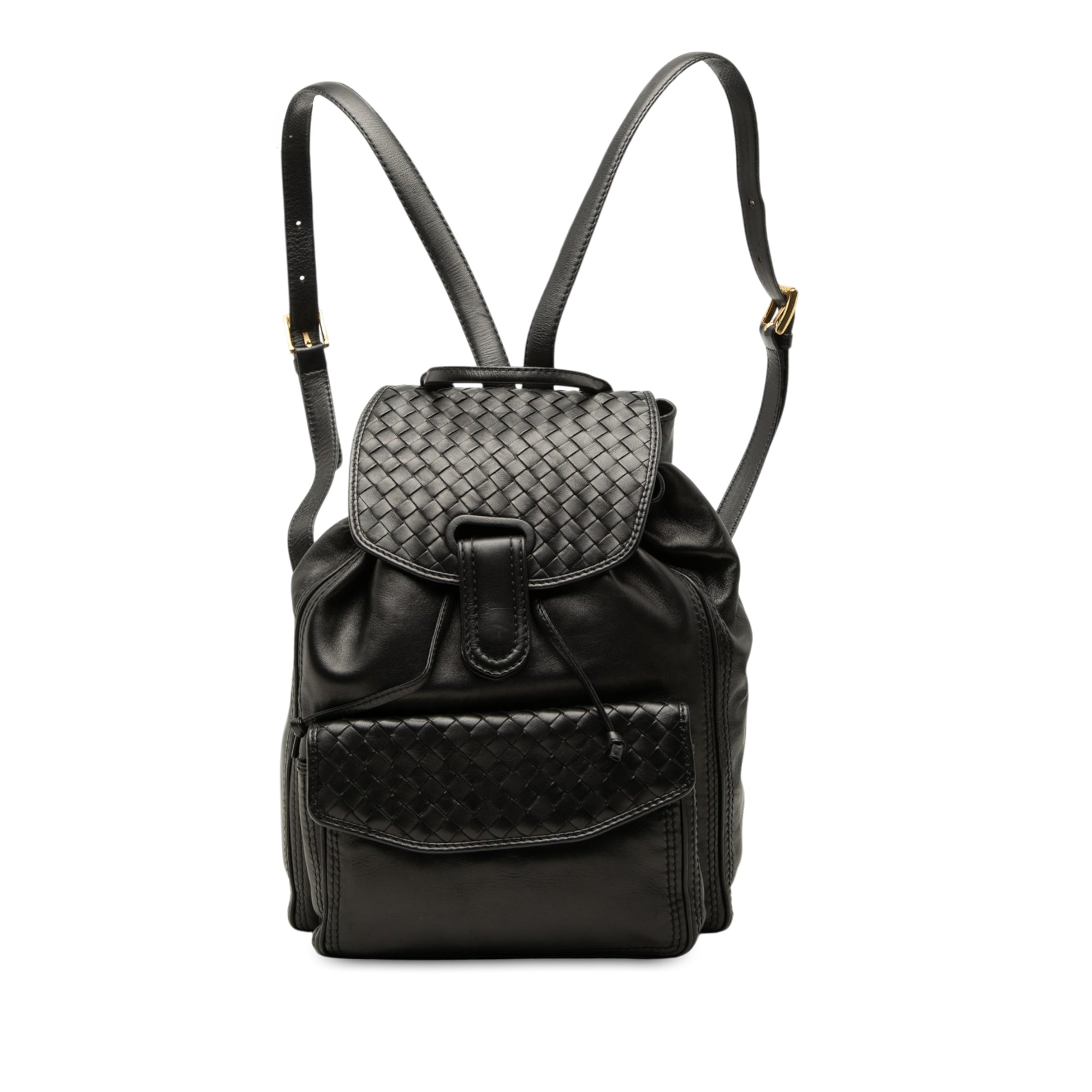 Nappa Intrecciato Trimmed Drawstring Flap Backpack Black - Lab Luxury Resale