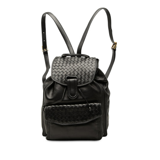 Nappa Intrecciato Trimmed Drawstring Flap Backpack Black - Lab Luxury Resale