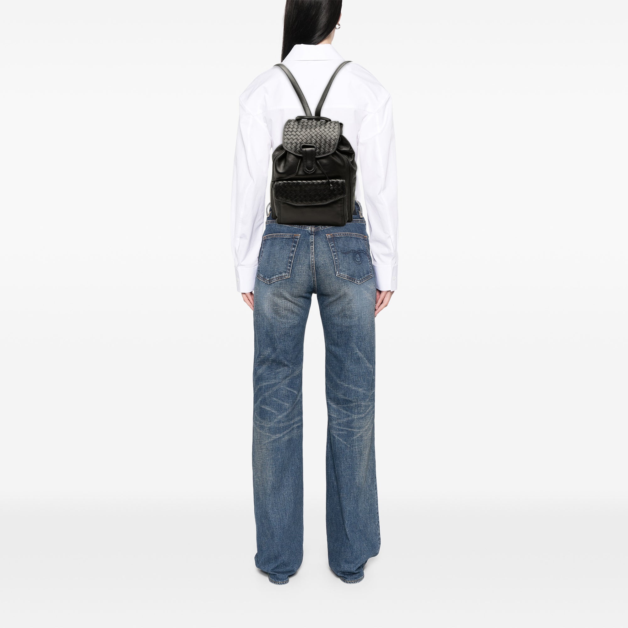 Nappa Intrecciato Trimmed Drawstring Flap Backpack Black - Lab Luxury Resale
