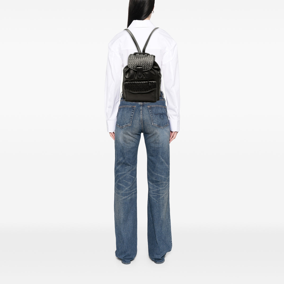 Nappa Intrecciato Trimmed Drawstring Flap Backpack Black - Lab Luxury Resale