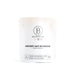 Bathorium Ancient Oat Hydration Crush Bath Soak in 120g jar, featuring oats and natural ingredients for soothing, hydrating bath experience.