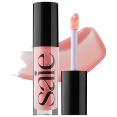 Shiny bubble-shaped container of Saie Glossybounce™ High-Shine Hydrating Lip Gloss Oil in a clear, glossy finish.