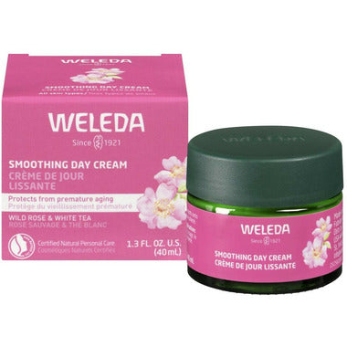 Weleda Smoothing Day Cream jar, 40ml, new in box, featuring a white and green packaging suitable for skincare.