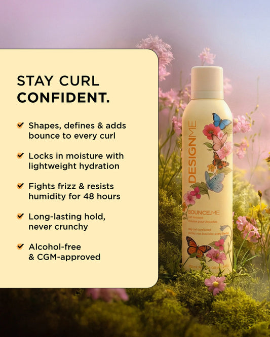 DesignMe Bounce.Me Curl Mousse in 255ml container, showcasing its lightweight, foamy texture for enhancing natural curls.