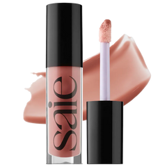Saie Glossybounce™ high-shine hydrating lip gloss oil in a clear dip applicator with shiny, glossy finish.