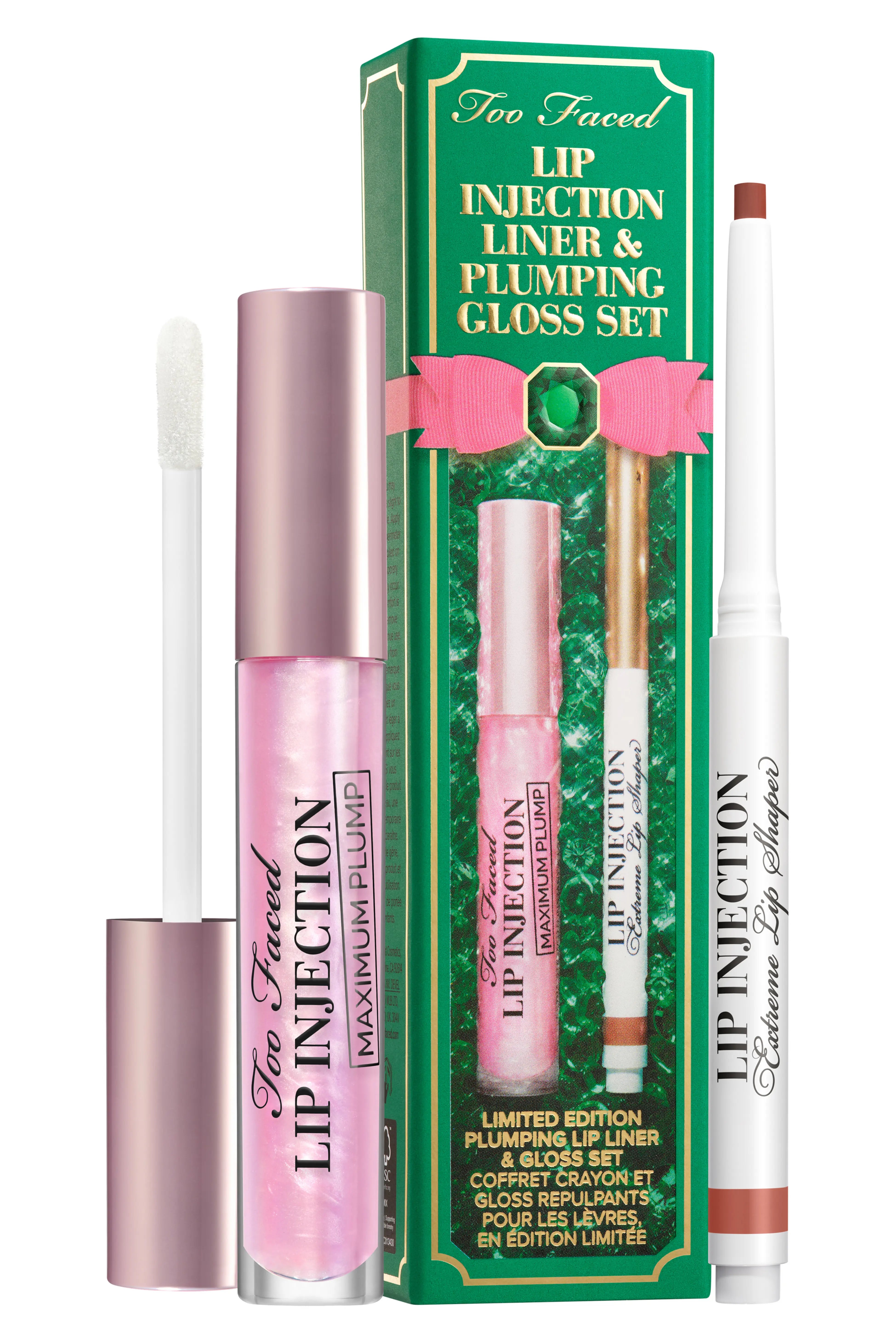 Too Faced Lip Injection liner and plumping gloss set, new in box, featuring cosmetic lip products with sleek packaging.