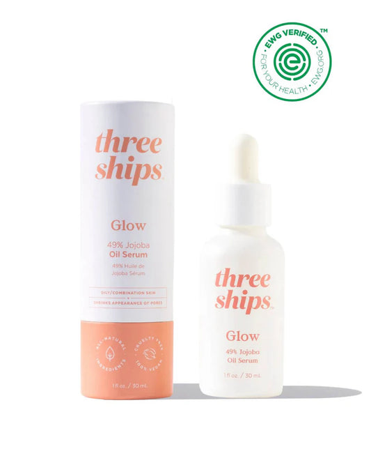 Three Ships Glow 49% Jojoba Oil Serum 30ml bottle, clear glass container with dropper for natural skincare and facial hydration