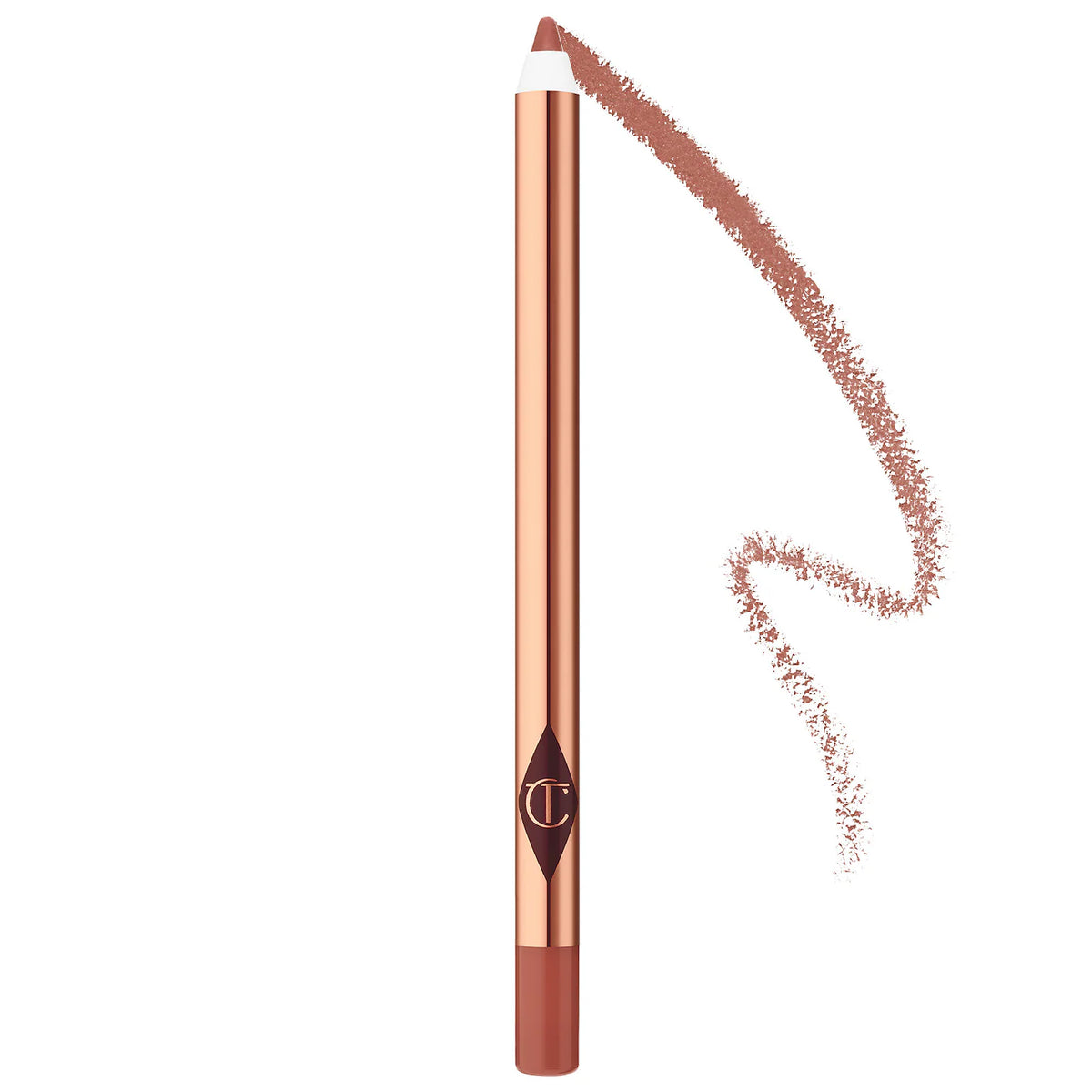 Charlotte Tilbury Lip Cheat in Iconic Nude, a close-up of the nude-colored lip liner pencil with the cap removed.