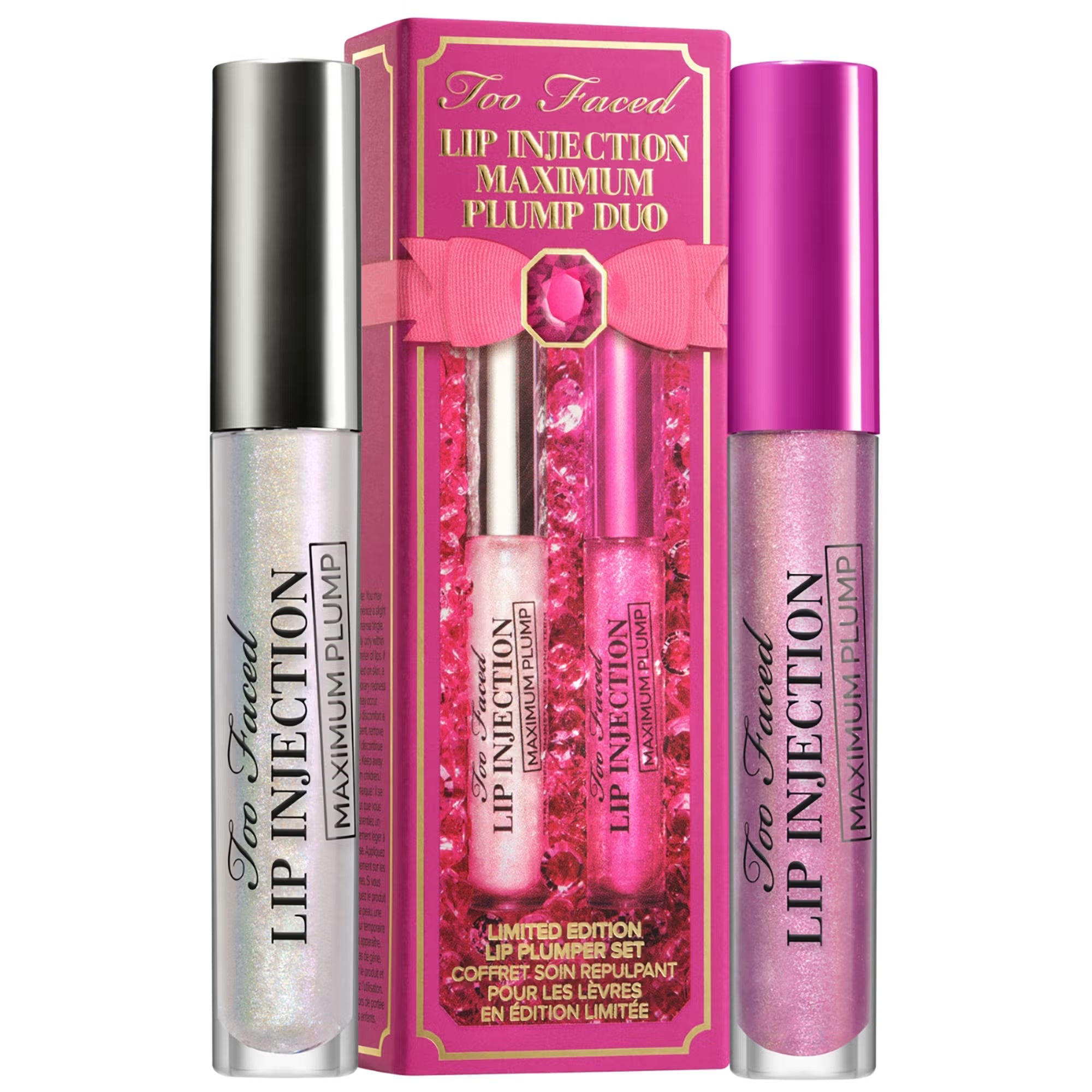 Too Faced Lip Injection Maximum Plump Duo set with two lip glosses, featuring clear and tinted shades for fuller-looking lips.