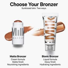 Assorted shades of Milk Makeup Matte Bronzer Baked in 5-7g containers, displayed in a beauty product image.