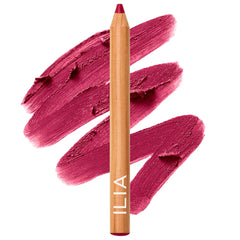 Illia Lip Sketch Hydrating Lipstick and Lip Liner Crayon in Nightbloom shade, showing a natural, deep pink lipstick and liner on a model