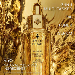 Guerlain Abeille Royale Youth Watery Oil Serum 50ml bottle, beauty product with elegant packaging and pump dispenser.